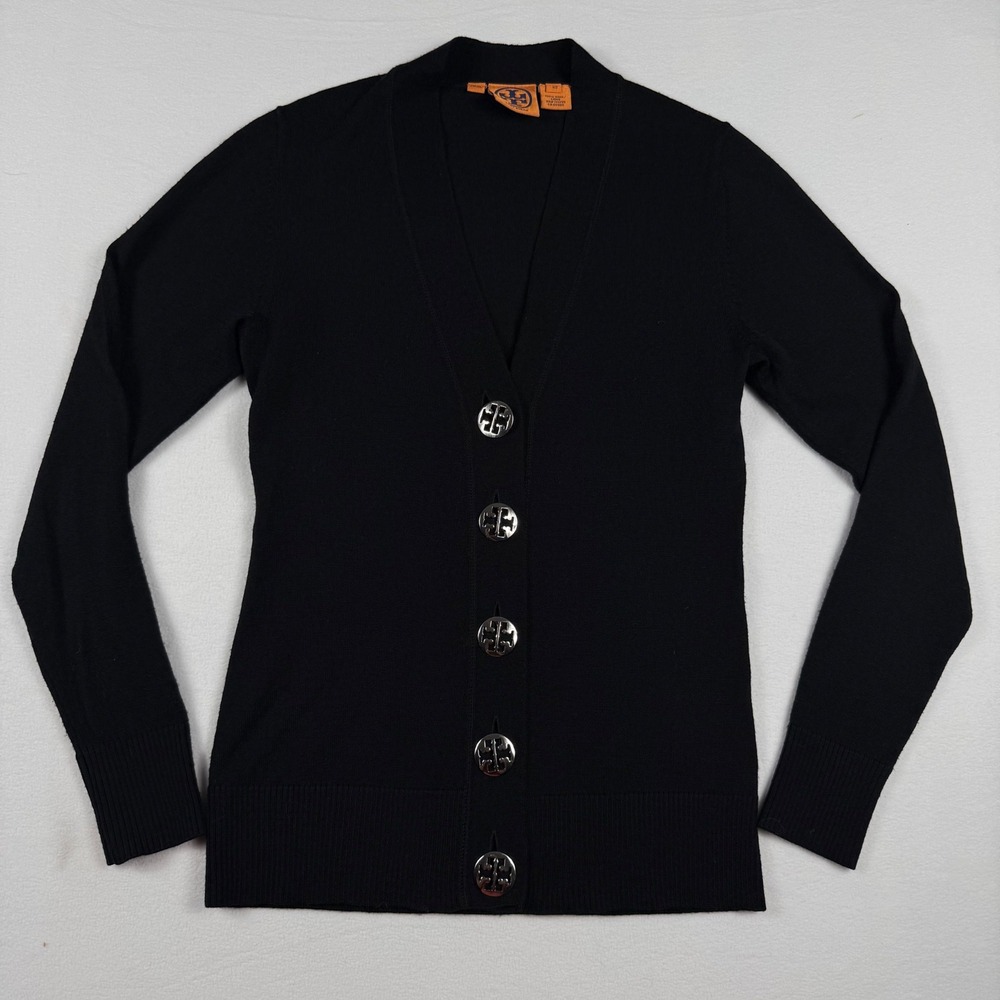 Tory Burch Simone Cardigan XS Black Wool Logo Button Preppy‎ Minimalist Sweater
